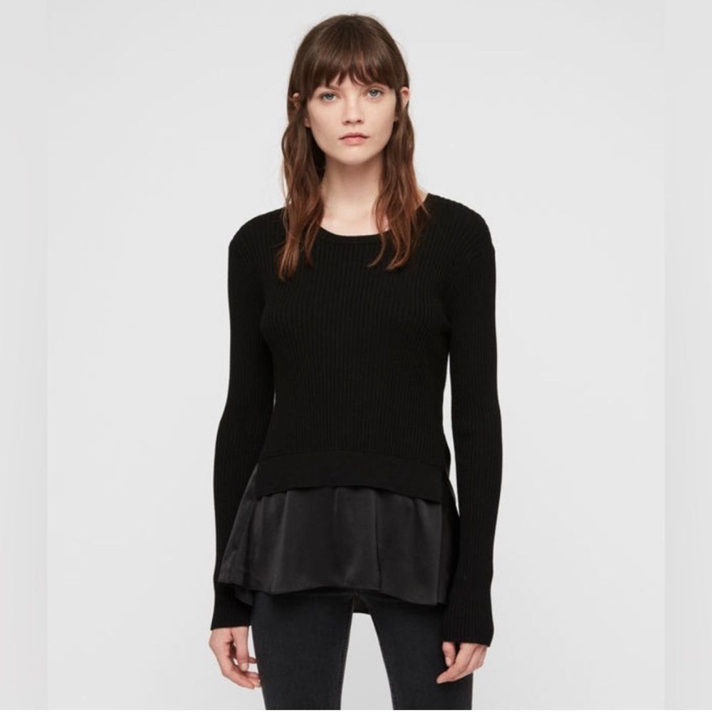 All Saints Taya Long Sleeve Satin Hem Sweater Black Open Back | Small | Euc | Tc